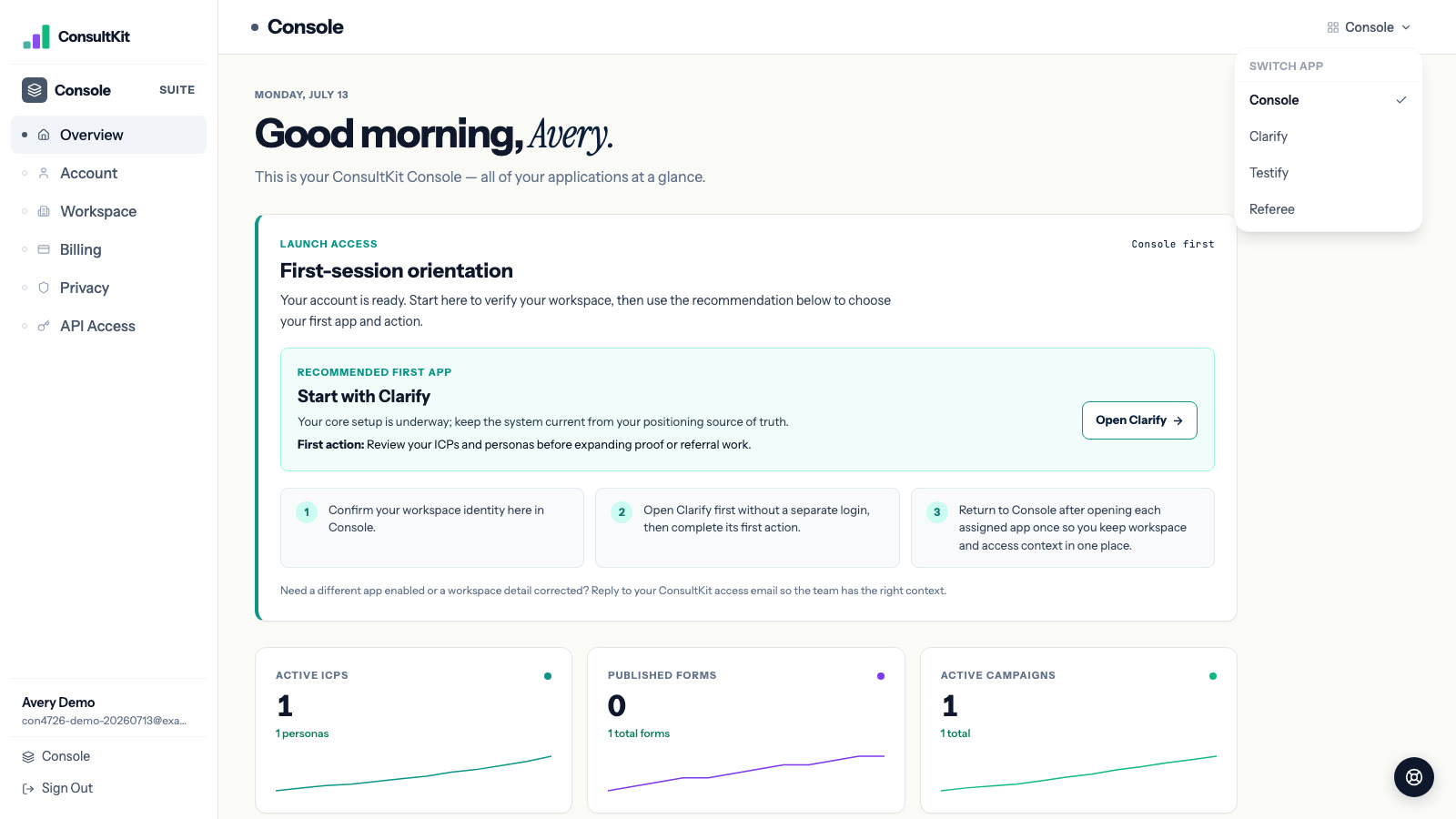 The ConsultKit Console with the app switcher open, listing Console, Clarify, Testify and Referee